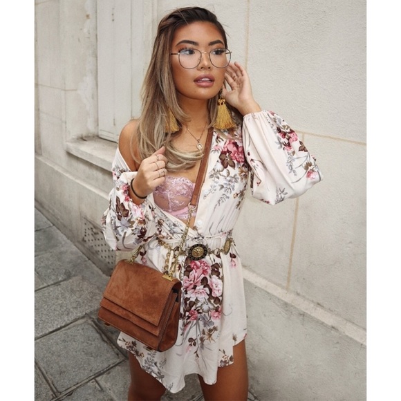 The O Boutique Dresses & Skirts - Cream & Pink Rose Floral Long Sleeve Mini Dress